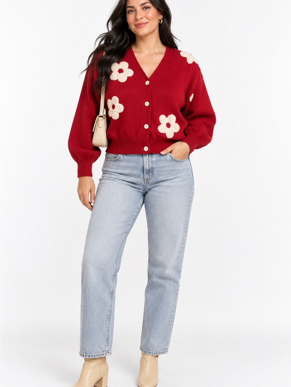 Cider Red Floral Knit Cardigan Cream Flowers V-Neck Size L